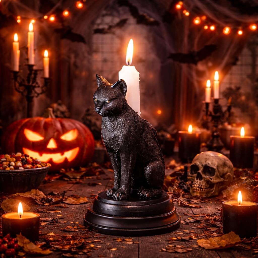 Gothic Black Cat Candle Holder Statue,Resin Cat Candlestick Holder,Halloween Gothic Tabletop Decor for Home,Dining Table & Party,Witchy Cat Figurine Gift (cat) - Image 7