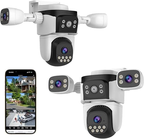 EVERSECU Cámara de seguridad PTZ WiFi de triple lente, tres cámaras en una, cámaras laterales con brazo ajustable en todo ángulo, visión 2K de 360