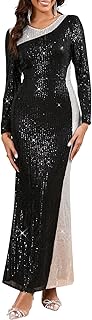 Women Sexy Elegant Sequin Patchwork Long Sleeve Bodycon Maxi Dress Party...