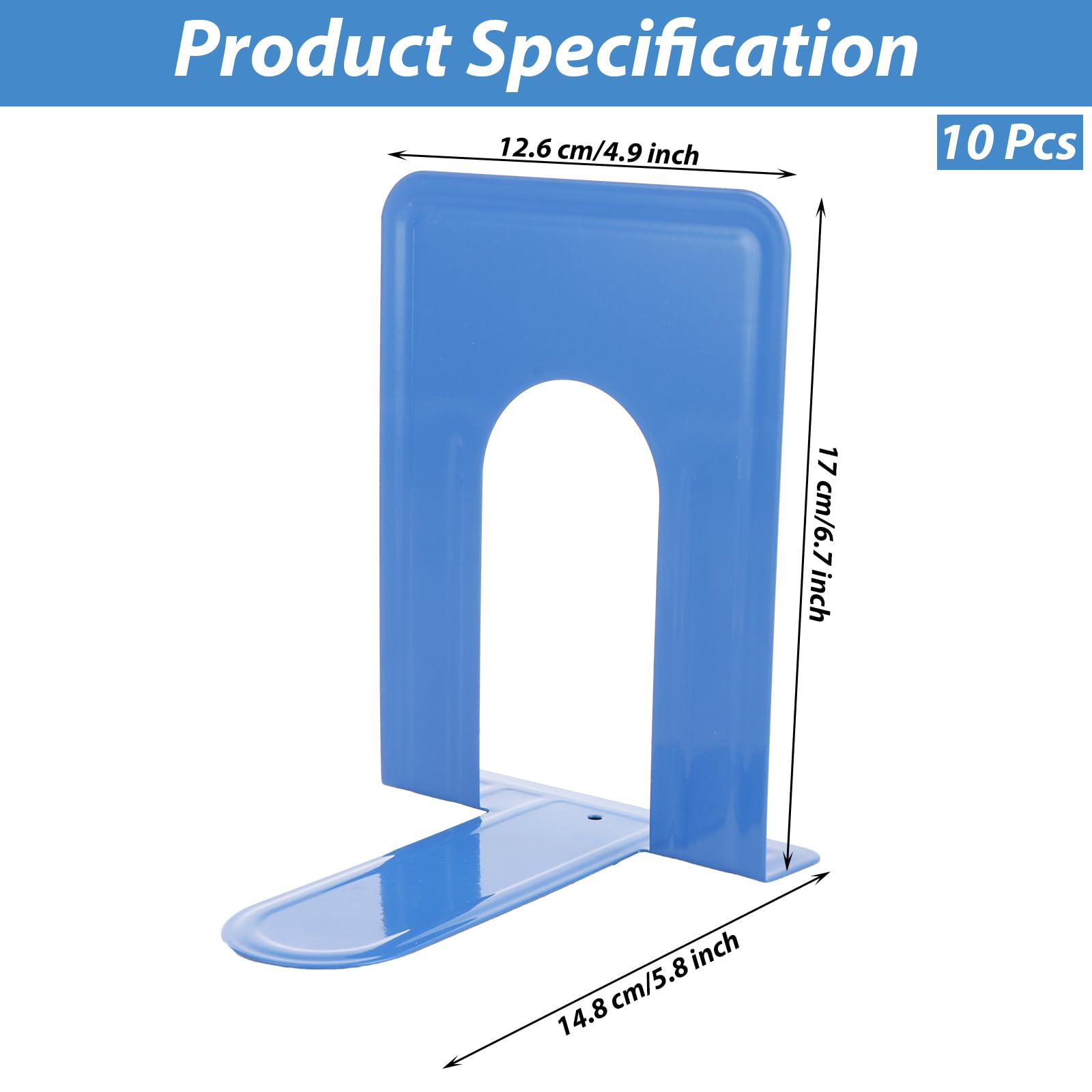 ZOFUN 10 Pcs Book Ends, 12.6 x 14.8 x 17 cm Heavy Duty Bookends, Metal Book Ends Blue, Anti-slip Book Stoppers for Decor Home - Image 2
