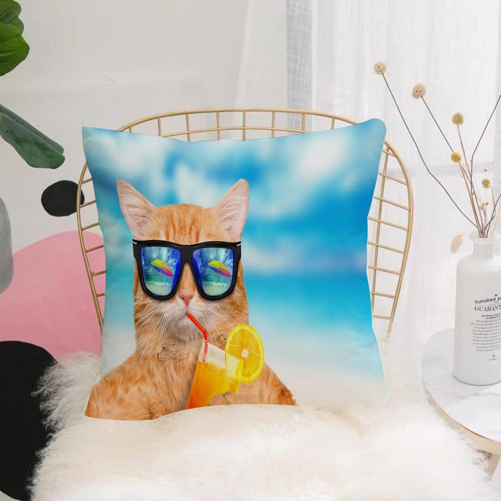 HYOSXW Cushion Cover,Throw Pillow Case Home Decorative for Living Room Bedroom Sofa Chair 16X16 Inch,Funny,Cat Wearing Sunglasses Relaxing Cocktail in the Sea Background,Pillowcase 40X40cm