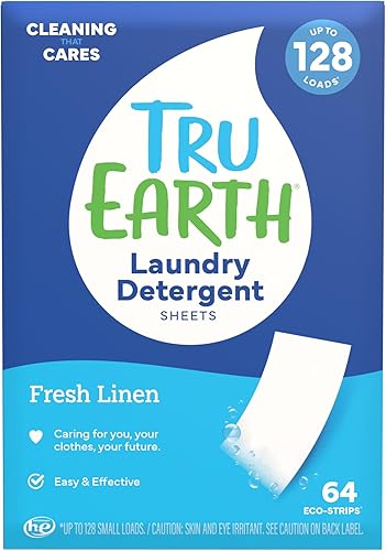 Tru Earth Detergente seco compacto para ropa  hasta 128 cargas (64 hojas)  Sin parabenos  Detergente sin líquido original Eco-Strip, viajes, lino