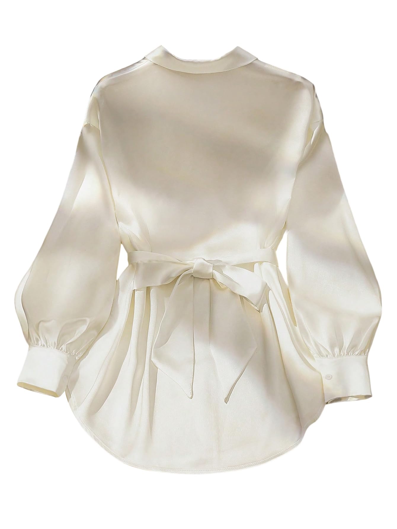GORGLITTER Blusa elegante para mujer, cuello de camisa, camiseta larga con cinturón, manga larga, para el tiempo libre, para oficina, ropa de negocios