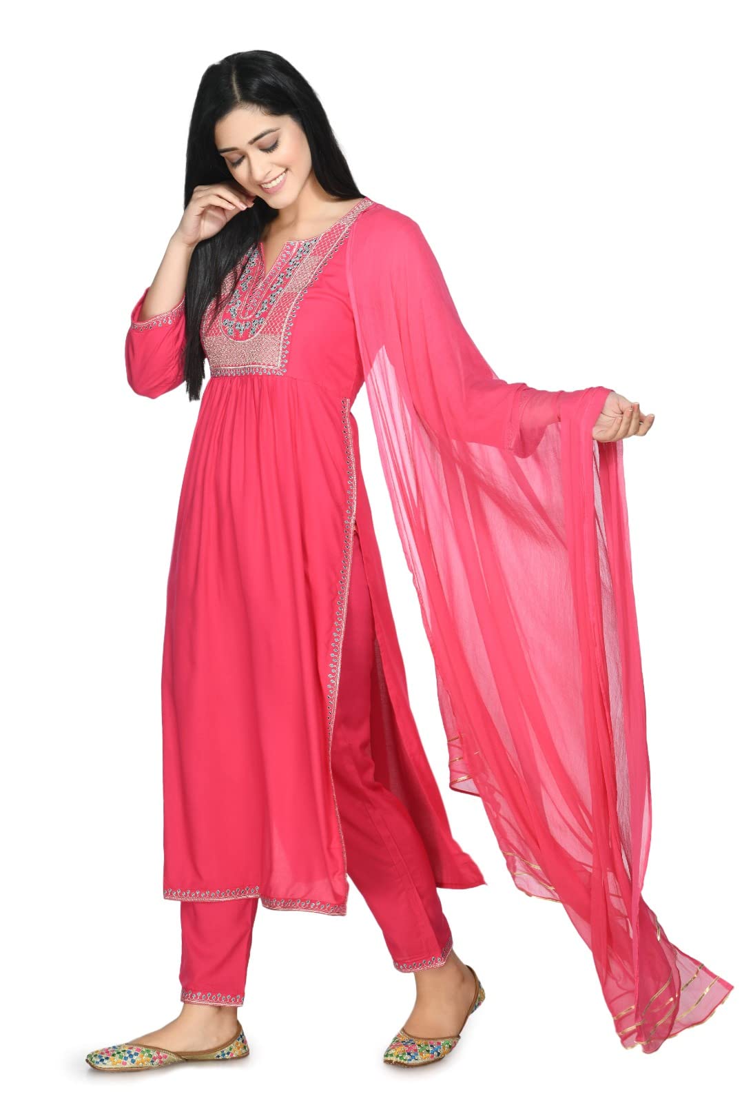 LIBOZAEthnic Salwar Suit Set with Dupatta for Women Pink Nyra Cut - Elegant Ladies Heavy Work Kurta Sets with Special Stitched Pants