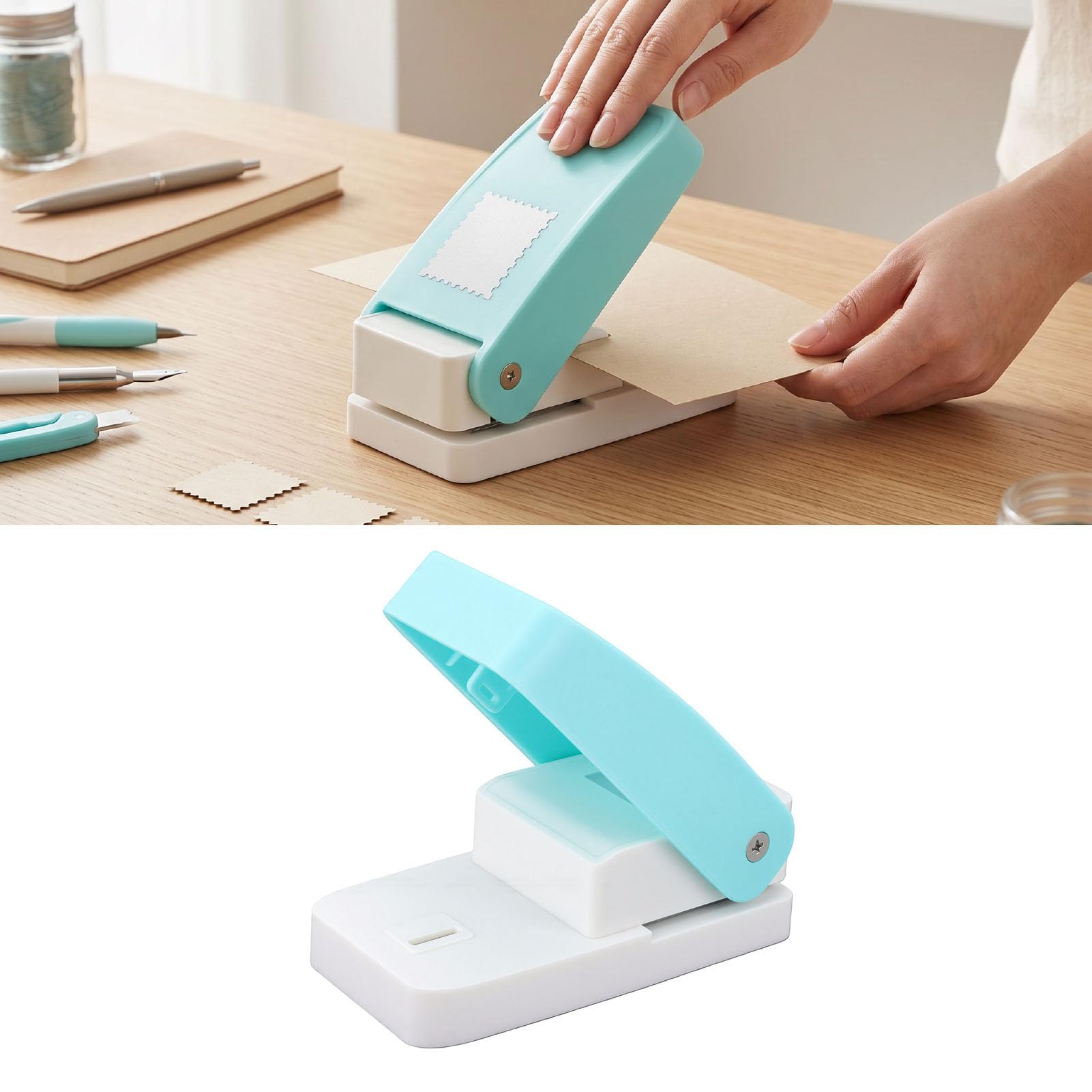 SIXRUN Perforatore per Timbri con Azione a Leva Perforatore per Carta in Plastica e Acciaio Inossidabile 38,1 Mm Forma di Francobollo Quadrato Design con Serratura per la Creazione di Biglietti di