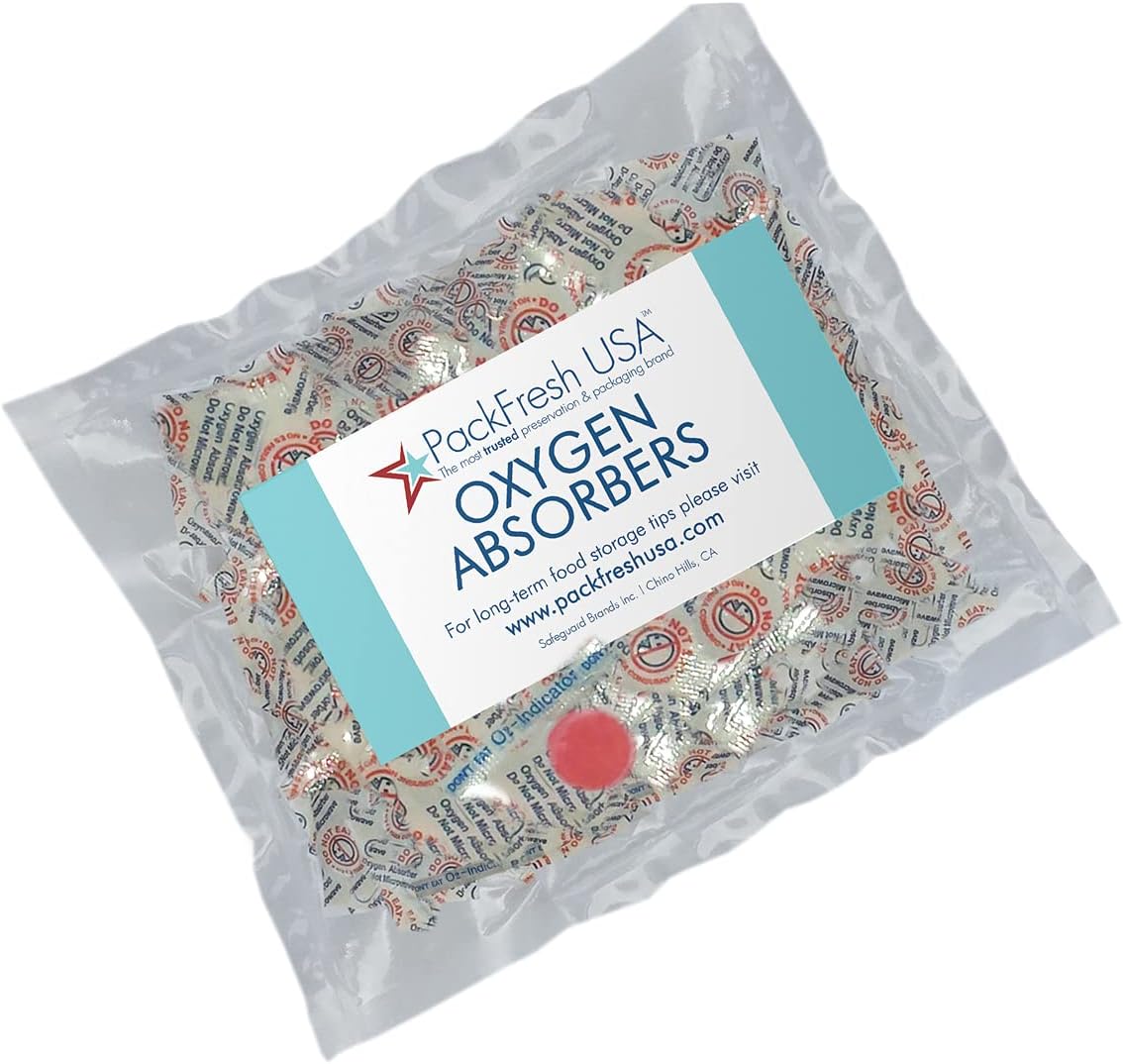 PackFreshUSA: 25 Pack - 100cc Oxygen Absorber Packs - Food Grade - Non-Toxic - Food Preservation - Long-Term Food Storage Guide Included
