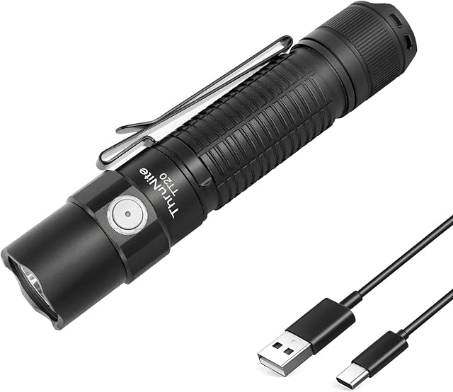 ThruNite TT20 LED Torch Momentary-on Tail Switch, High 2526 Lumens Output Turbo Mode, USB C Rechargeable, 258 Meters Beam Distance, for Hunting, Hiking, Self-Defense -Black Cool White-CW