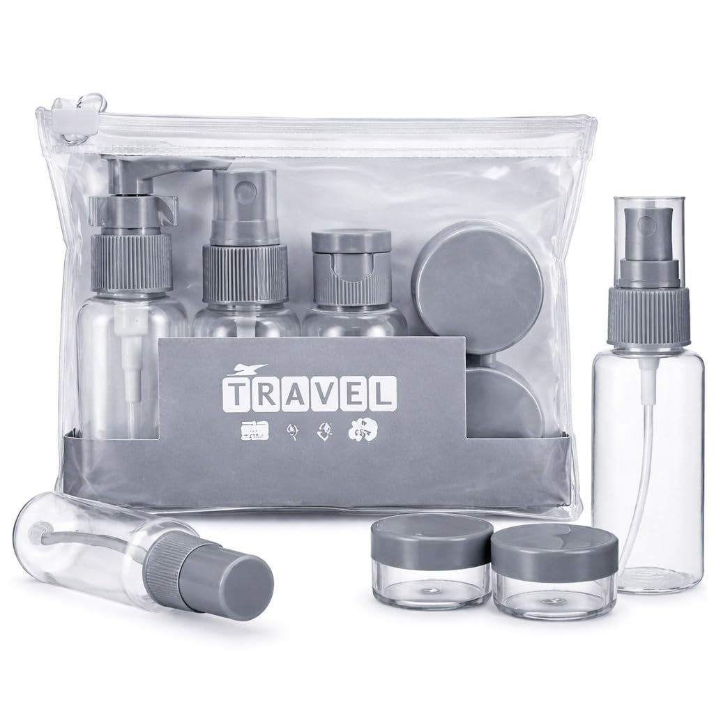 dailyalley Travel Bottles Set for Toiletries with Transparent Zipper Pouch, Leak-Proof Refillable Containers Kit (Spray, Pump, Flip Bottle & Cream Jars) Carry-On Travel Essentials for Men & Women – Grey-picture-13
