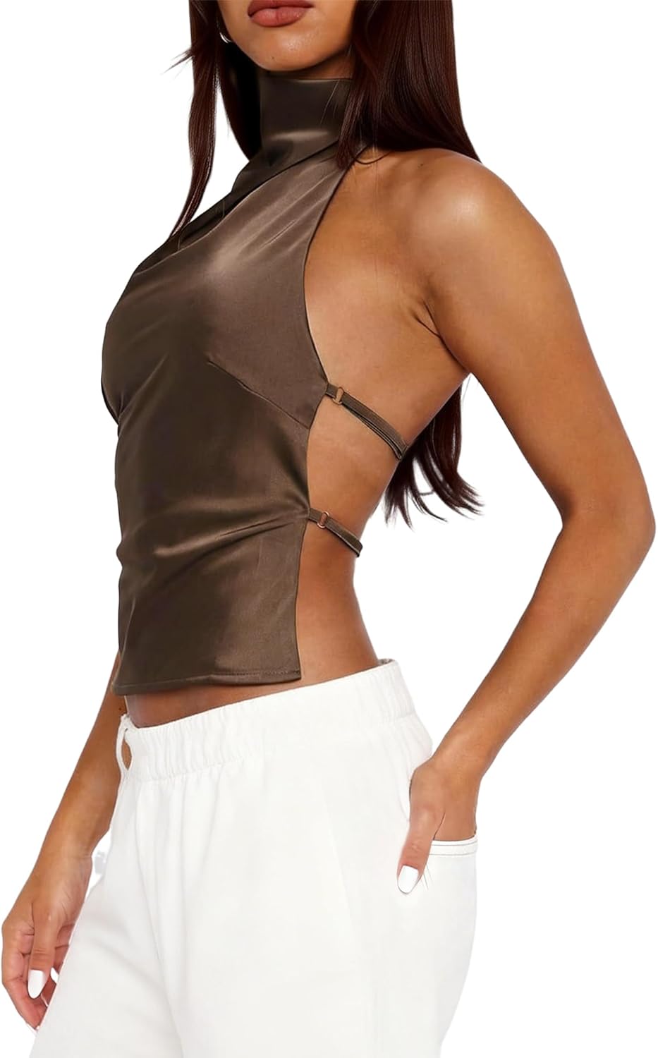 Halter Tops for Women 2026 Satin Backless Top High Mock Neck Women's Going Out Party Clubwear Camisole Sleeveless Top - Image 2