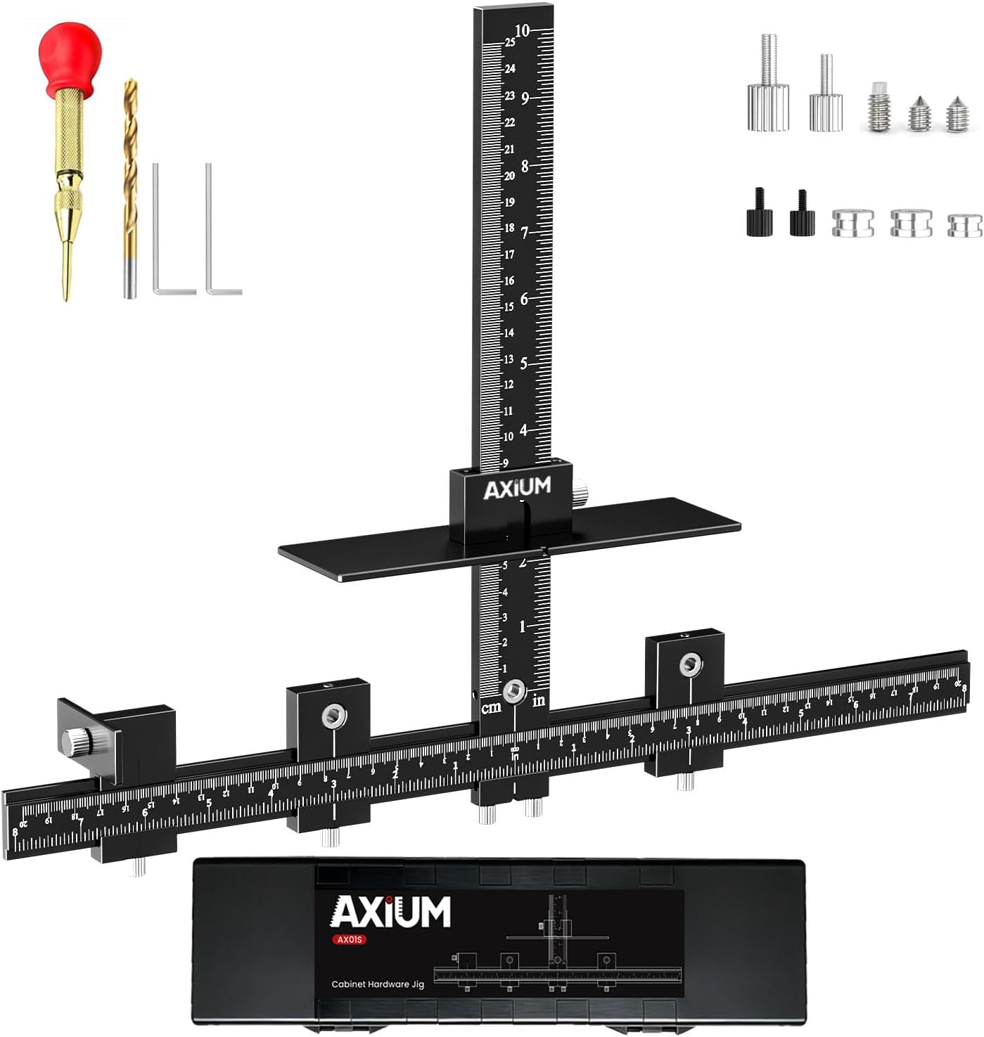 AXIUM Cabinet Hardware Jig, Aluminum Cabinet Handle Jig with Center Punch, Adjustable Drill Guide Template Tool for Drawer Knobs, Handles, and Pulls, Metal Woodworking Tools for Home Wood Working