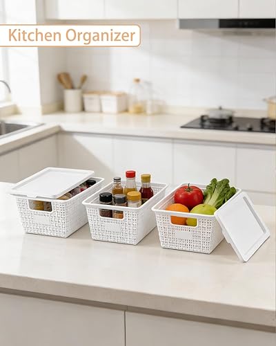 Miniatura 7 de Cestas de almacenamiento de plástico con tapas [paquete de 6] – Contenedores organizadores apilables con tapas seguras a presión para despensa, baño