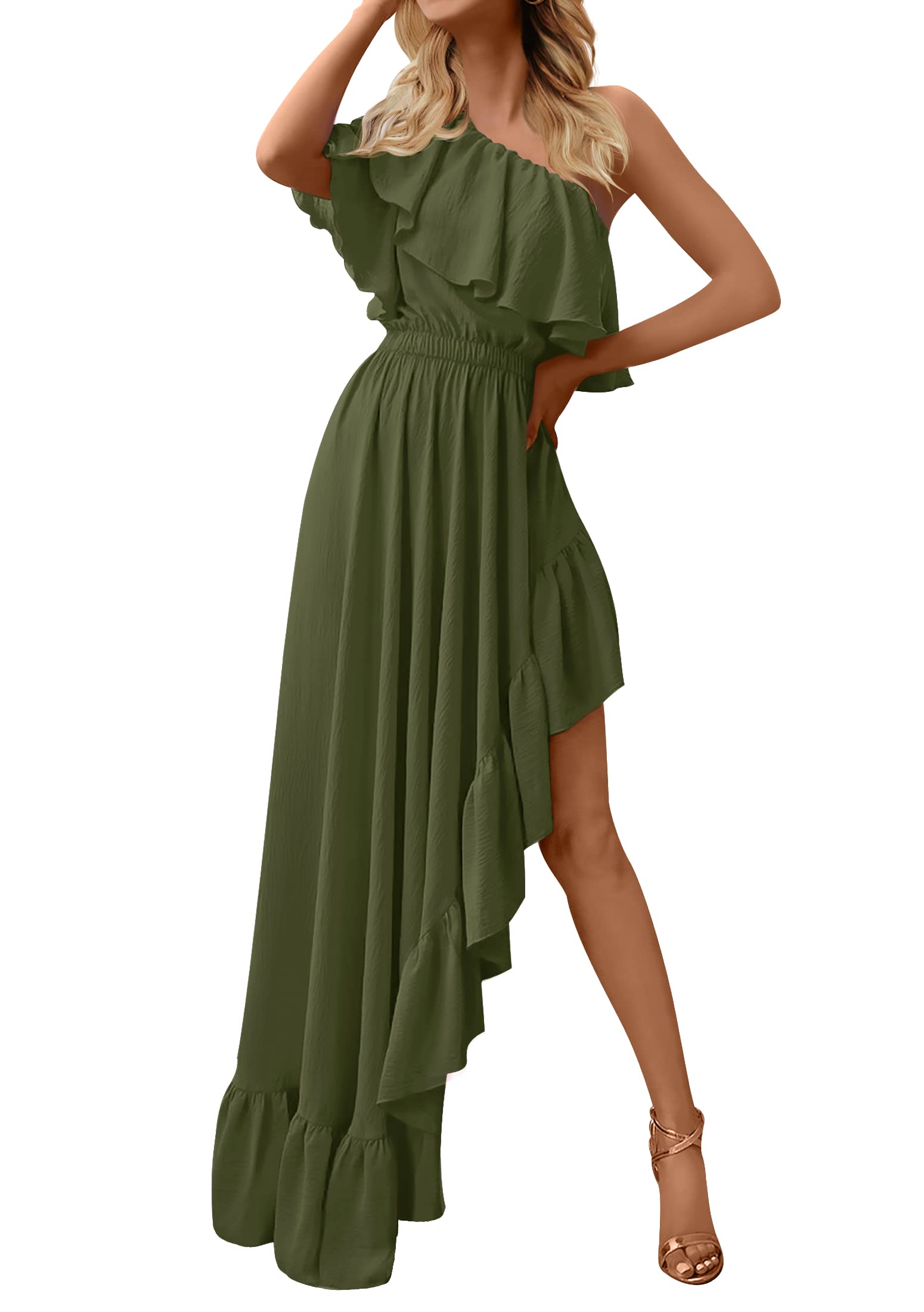ZESICAWomen's 2024 Summer Boho One Shoulder Sleeveless Ruffle Asymmetrical High Low Flowy Prom Gown Wedding Long Dress