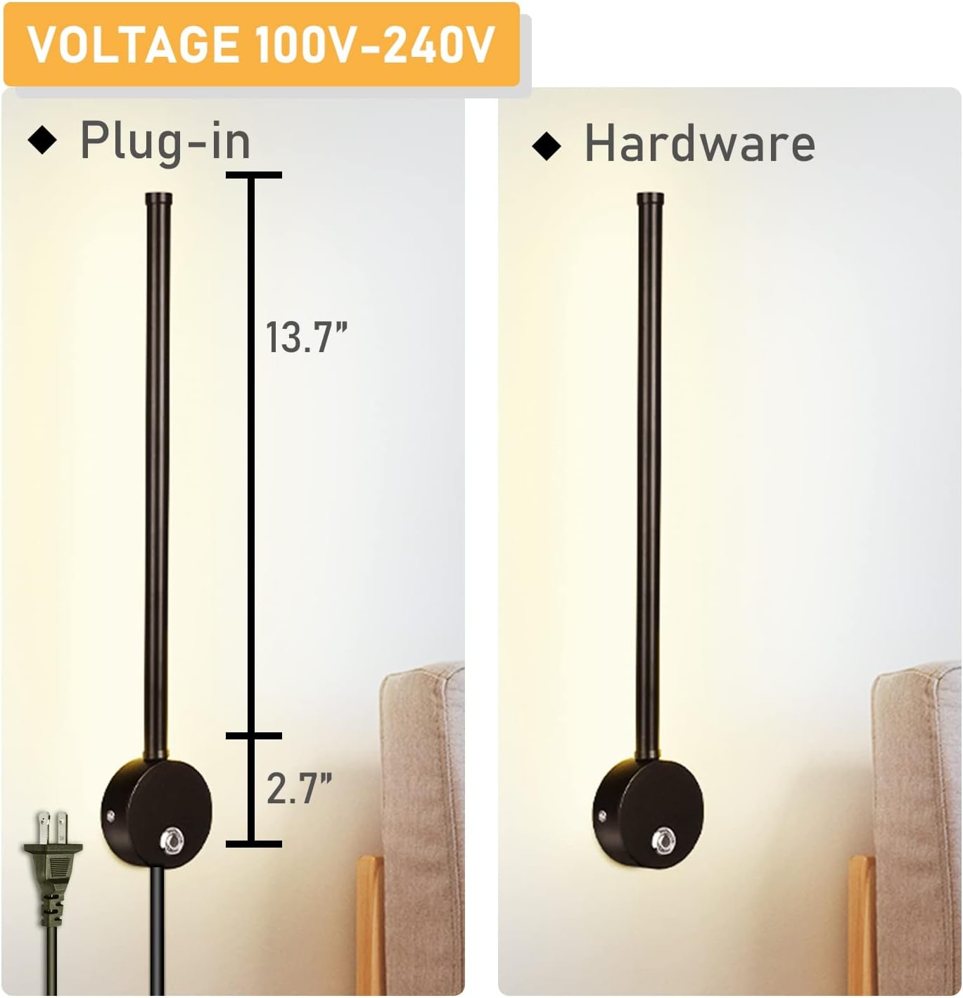 Adust Bed Light, Plug in Wall Sconces, Wall Lamp with Plug in Cord, Wall Mounted Light, 5W LED Bed Lights, Bedroom Living Room Wall Lights, Touch Dimmable, 3 Color Temperature, USB Charger
