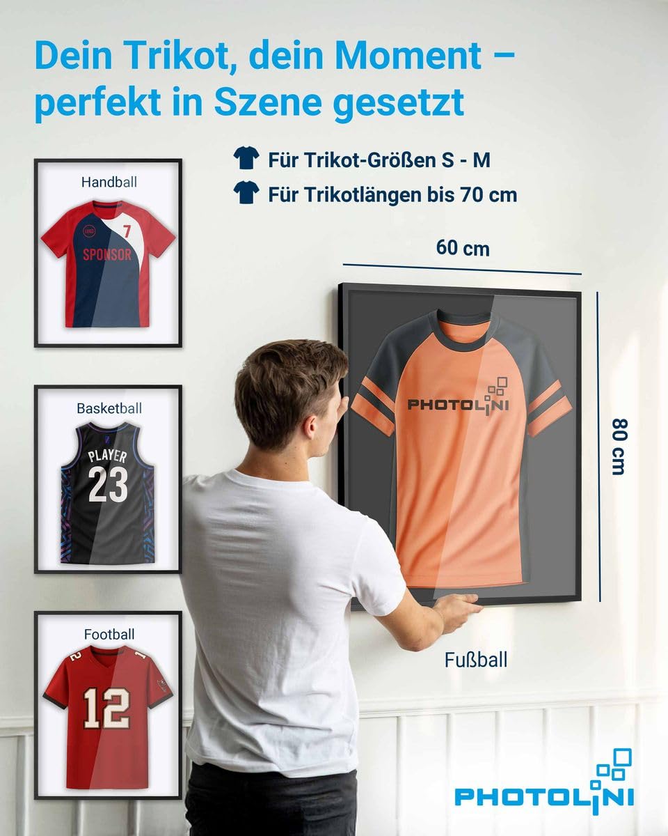 PHOTOLINI Bilderrahmen Trikotrahmen 60x80 schwarz, Bilderrahmen für Trikot, Trikotrahmen Fußball 60x80 mit Acrylglas zum Aufhängen, Jersey Frame 80x60 mit zweifarbiger Rückwand & starkem Magnetsystem
