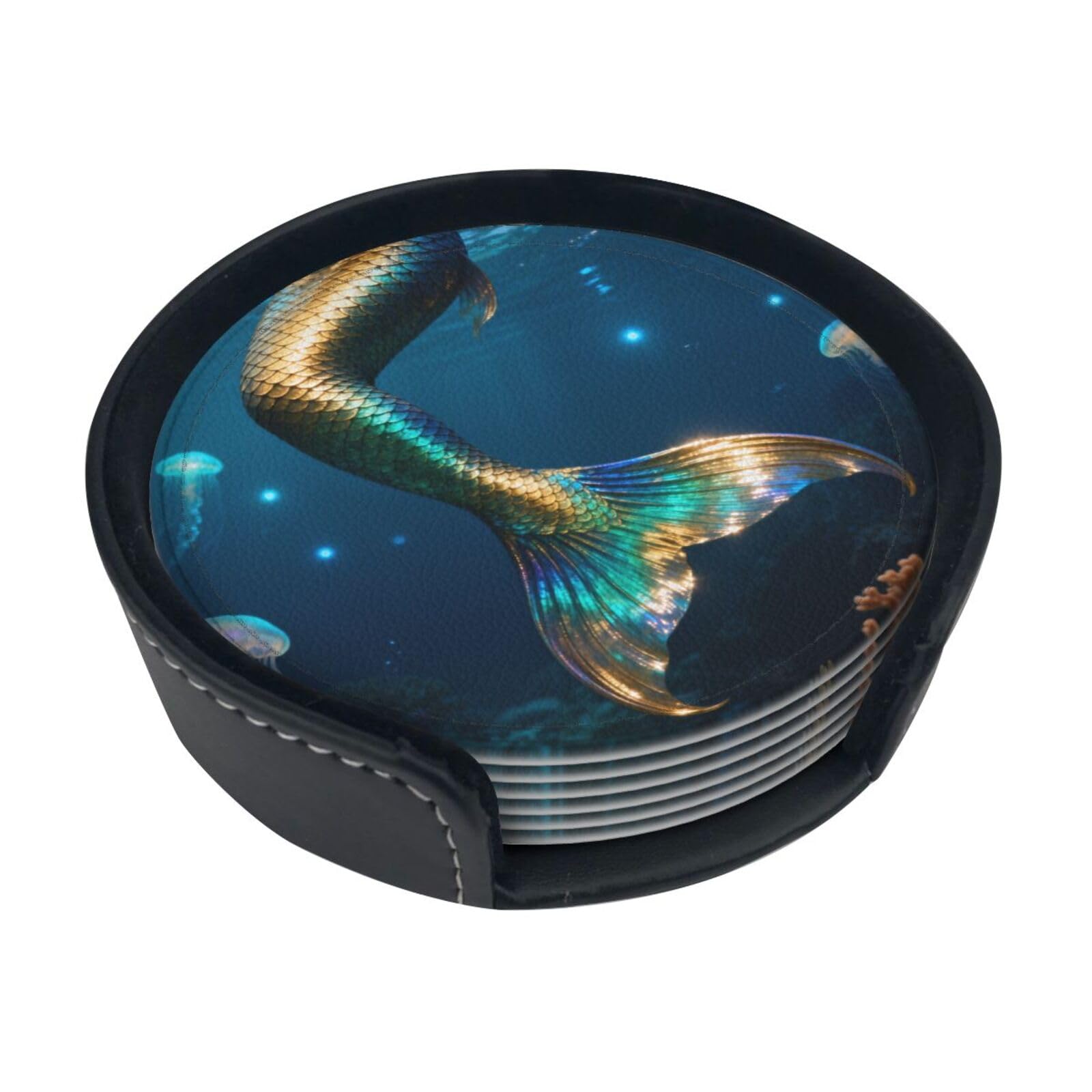 Cntdbu White Mermaid Tail Scale Leather Coasters Set Of 6-Pu Leather Drink Mats For Table, Heat Resistant Round Coasters With Holder