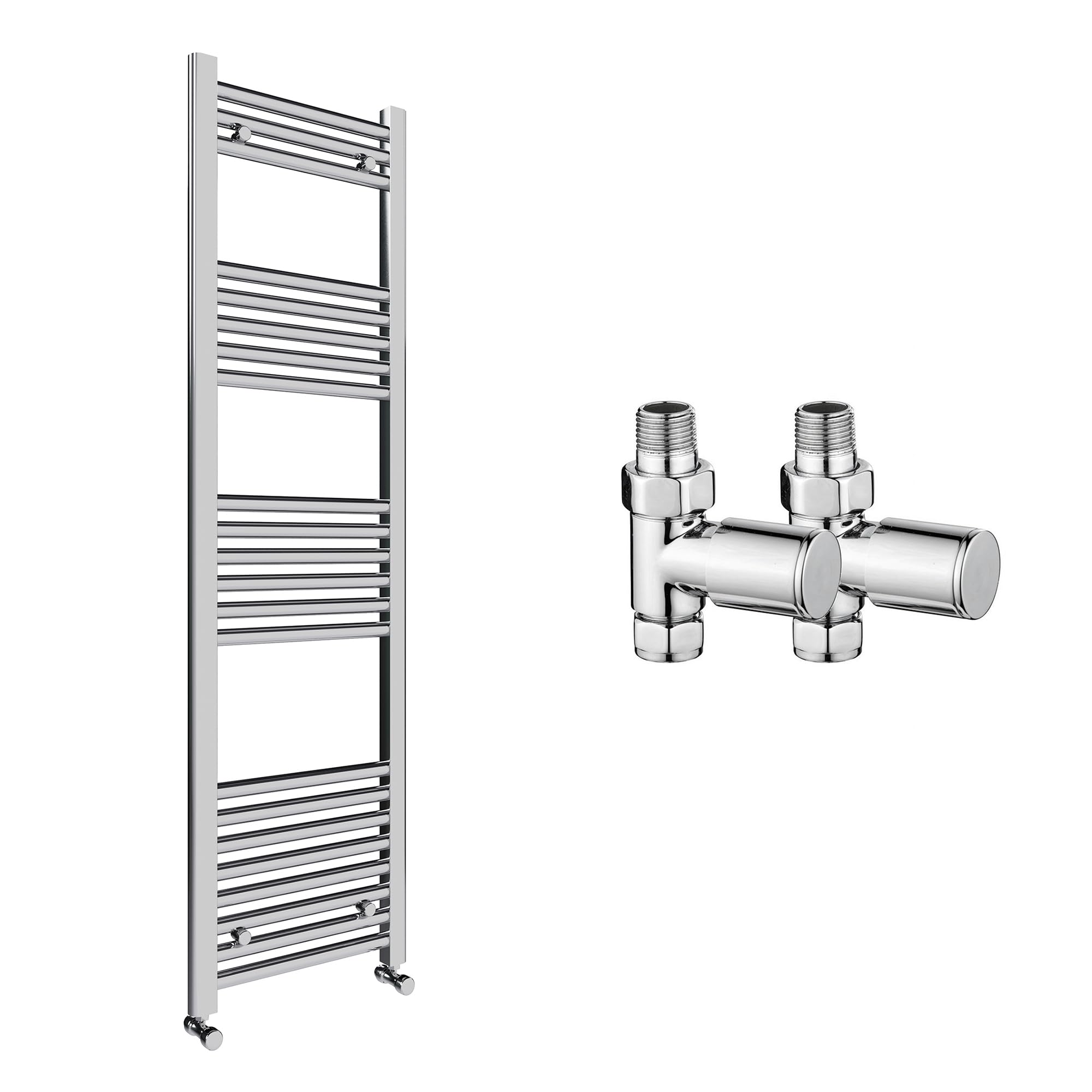 Chrome Bathroom Straight Heated Towel Rail Radiator 500 x 1400 & Straight Manual Valves