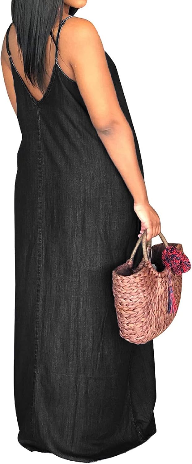 SeNight Women's Sexy Maxi Denim Dresses Casual Spaghetti Strap Striped Long Sundress Wiht Pockets - Image 2
