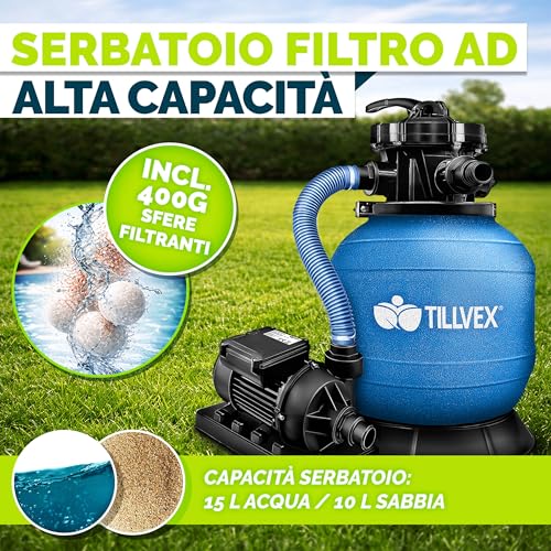 Miniatura 9 de Tillvex Depuradora De Agua Para Piscina 7.900l H 400g Bolas De Filtro 7 Funciones De Filtrado Adaptador Ø32-38mm Filtro De Piscina Con Indicador De Presión Azul