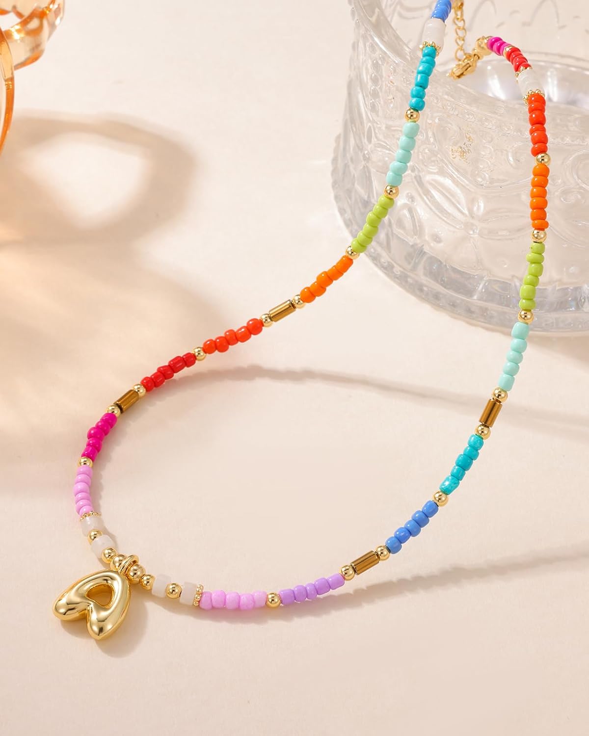 Colorful Beaded Initial Necklaces for Women 14K Gold Plated Cute Bubble Letter Beads Necklace Summer Rainbow Boho Choker Necklace Dainty Trendy Jewelry for Her - Image 6