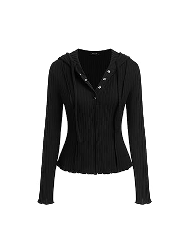 Women's Knit Hoodie Long Sleeve Crop Sweater Button Down Pullover