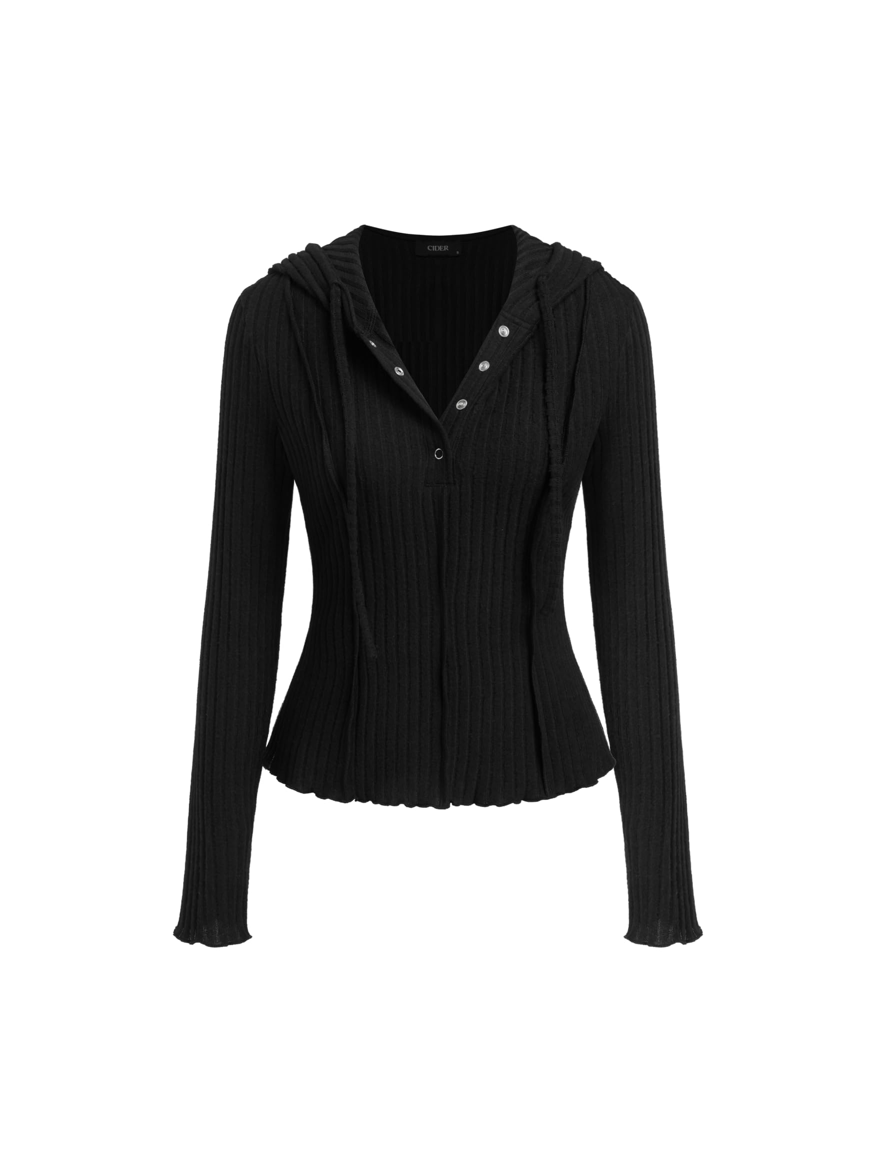 CIDER Women's Knit Hoodie Long Sleeve Crop Sweater Button Down Pullover Ribbed Y2K Going Out Casual Fall Fashion Clothing Small Black