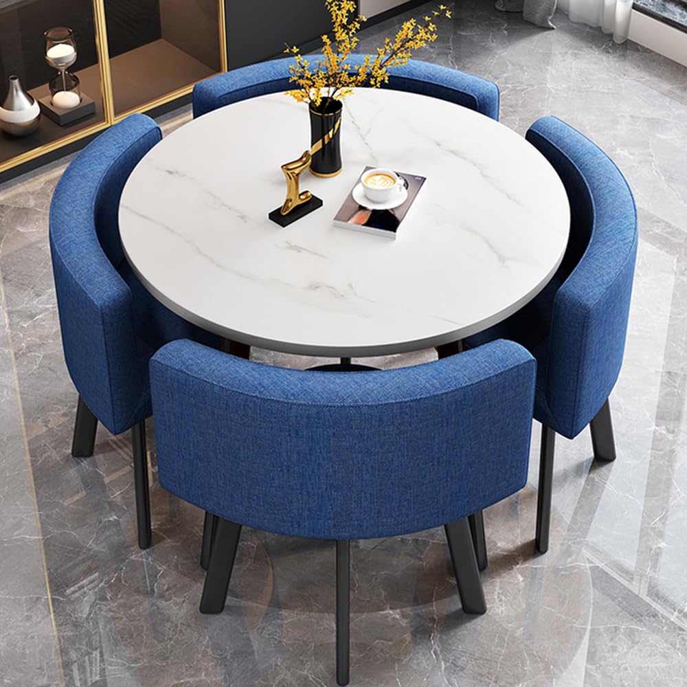 LITFAD Dining Room Table and Chairs for 4 Wood Circular Dining Table Set Modern Coffee Table Set with Cotton and Linen Upholstered Chairs - 5 Pieces,