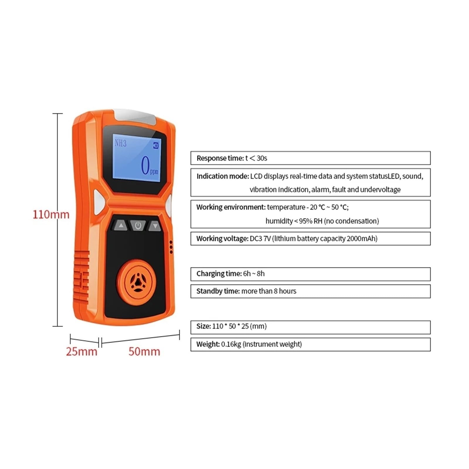 Przenośny detektor gazu z wyświetlaczem LCD, miernik wielogazowy H2/CO/PH3/CO2/H2S/NH3/O2/NO2/NO/EX/CH4 do pracy i domu Daty w czasie rzeczywistym(CO-0-1000ppm)
