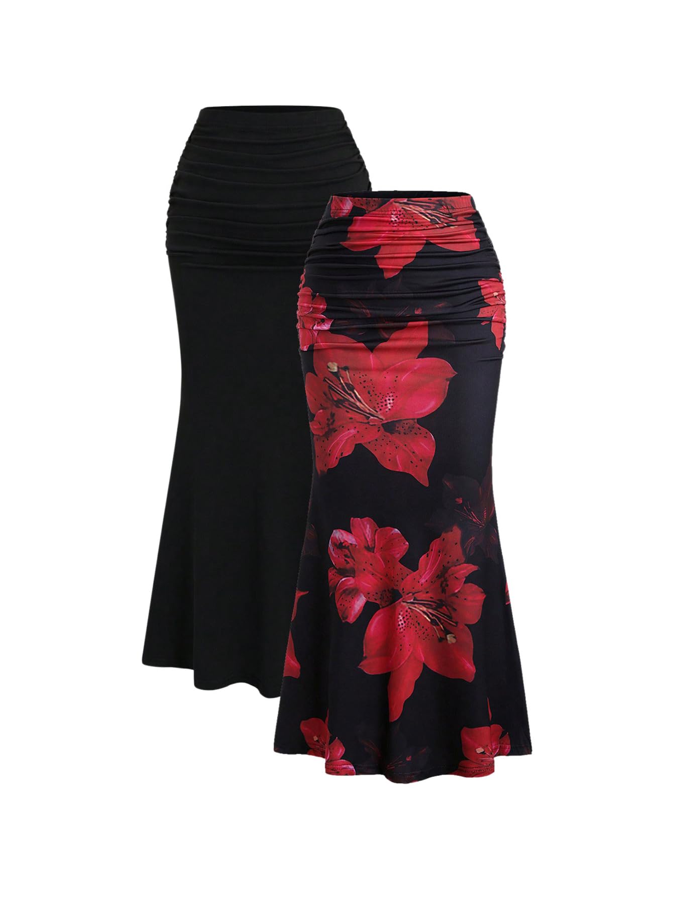 Womens 2 Pack Fishtail Skirt Elegant Floral Ruched Skinny Bodycon Ruffle Long Skirts