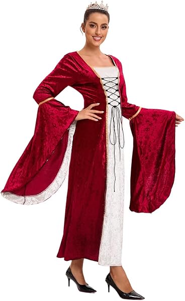 Feynman Vestido medieval para mujer con mangas trompeta, estilo medieval victoriano, vestido largo renacentista, gótico. Para carnaval, Halloween, fiestas de princesas, disfraz, Rojo, M - 5