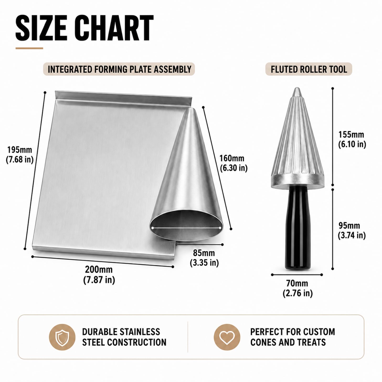 Moldeador de Conos de Gofre y Molde de Cono de Helado | Forma Lisa de Aluminio Fundido con Base Inox y Revestimiento Antiadherente para Conos Caseros, Cafeterías y Heladerías