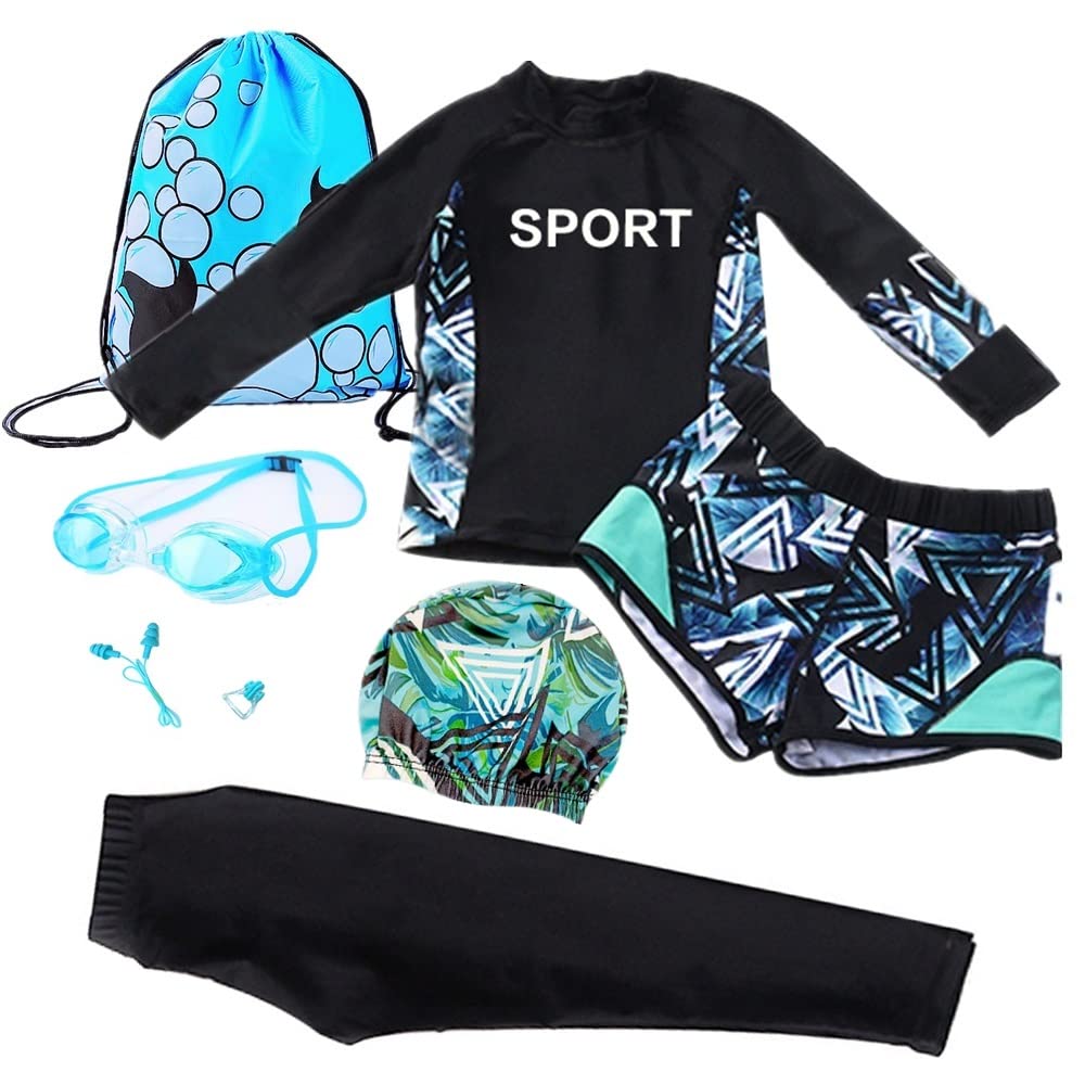 Acmen8pcs Boys & Girls Rash Guard Quick Dry Set - UPF 50+ Trousers, Shorts, Long Sleeve Swimsuit, Drawstring Backpack, Swimming Cap, Goggles, Wired Ear Plugs & Nose Clip