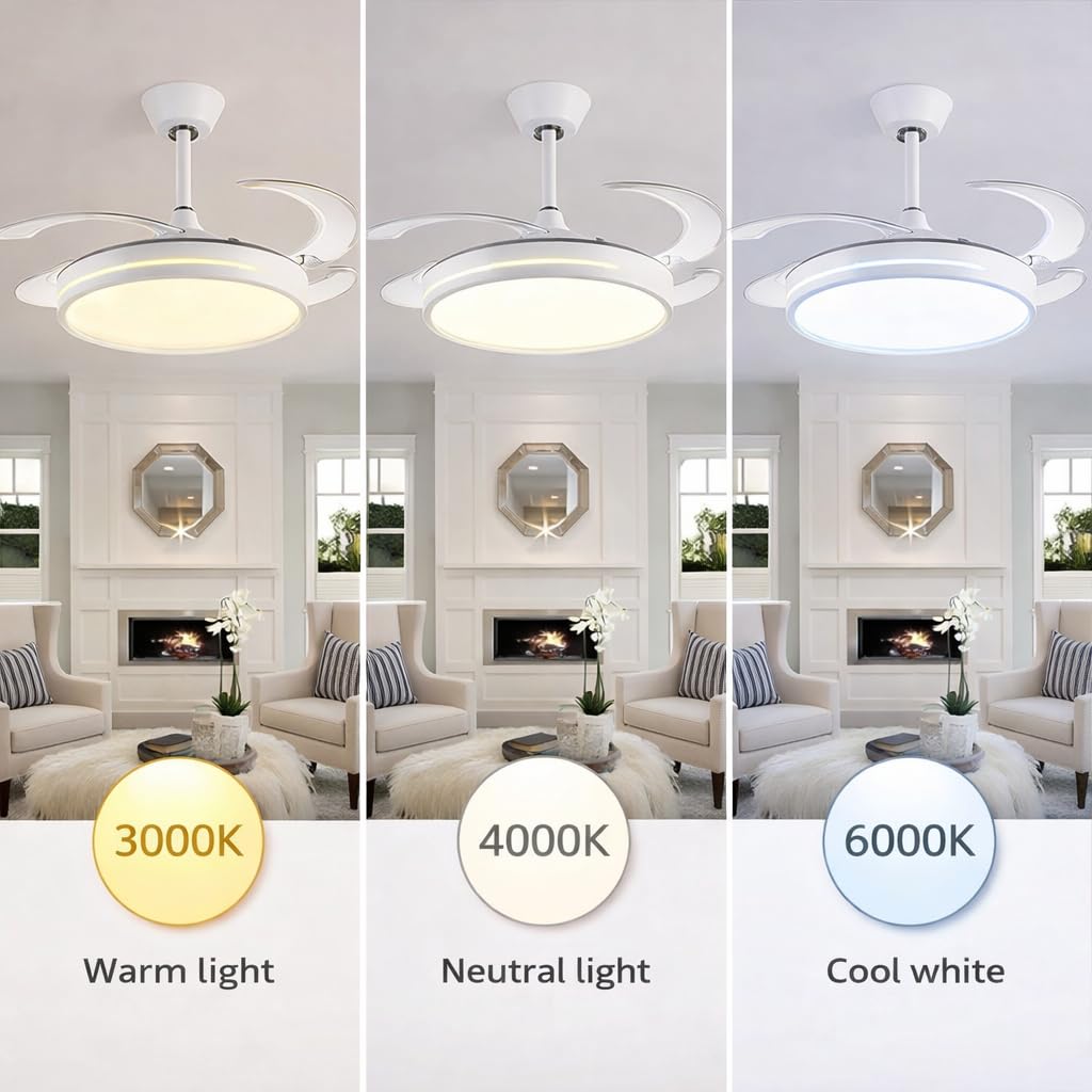 Generico Ventilatore da Soffitto con Luce LED, Pale Retrattili 120 cm, Telecomando Incluso, 3 Temperature Luce, 6 Velocità, Timer, Design Moderno per Soggiorno Camera da Letto