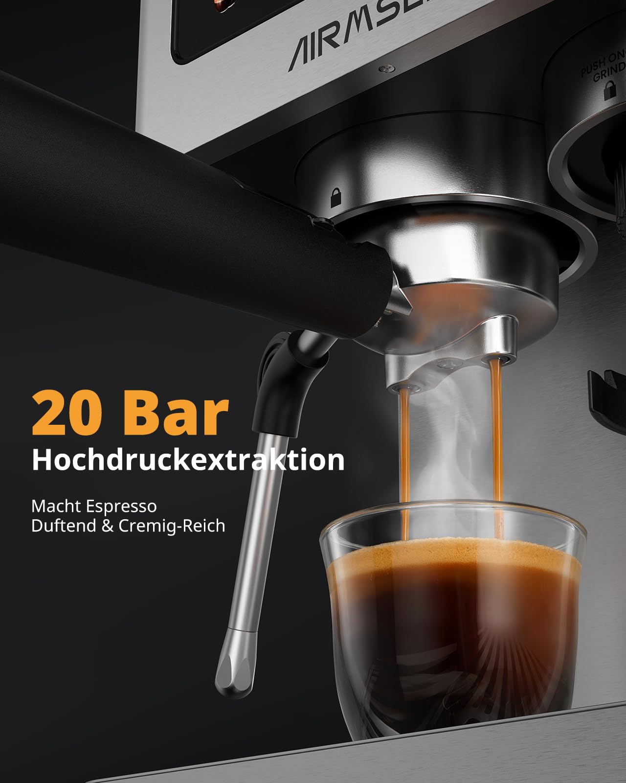 AIRMSEN Siebträgermaschine Espressomaschine 20 Bar Edelstahl 1,8L Wassertank Cold Brew Americano