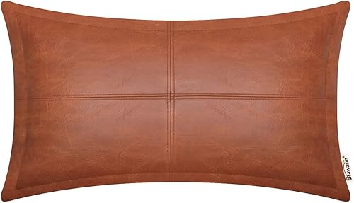 BRAWARM Funda de almohada de cuero coñac 12 X 20 pulgadas, funda de almohada de cuero sintético con ribete, funda de almohada decorativa lumbar de