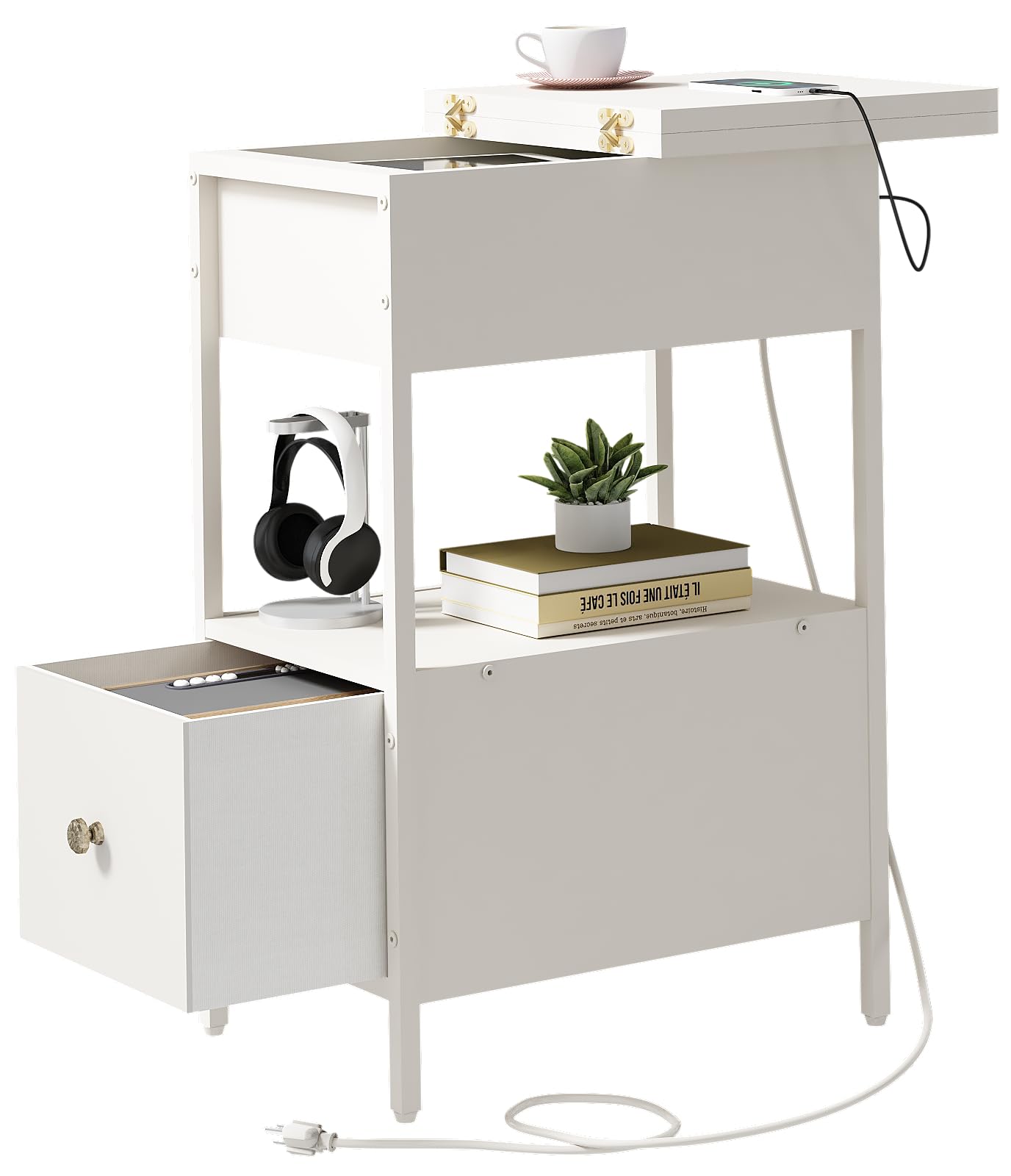 SOOWERY End Table with Charging Station, Narrow Side Table with Flip Top Cabinet and Fabric Drawer, Nightstand Bedside Tables for Small Spaces, Bedroom, Living Room, White