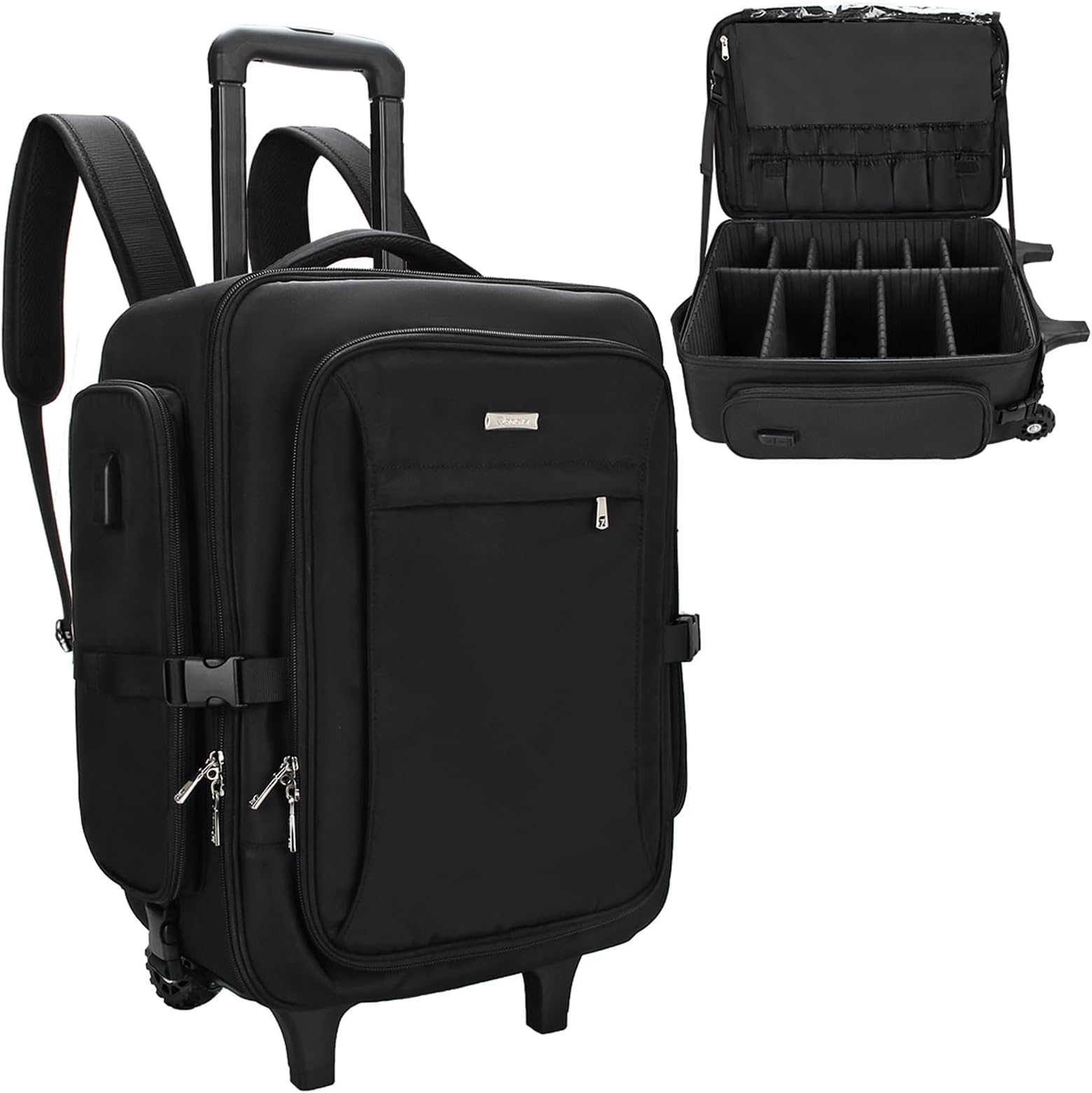 Relavel Rolling Makeup Train Case, Trolley Travel Make Up Case with Adjustable Dividers, Extra Large Makeup Backpack with Wheels, Waterproof Cosmetic Organizer for Makeup Artist, Black