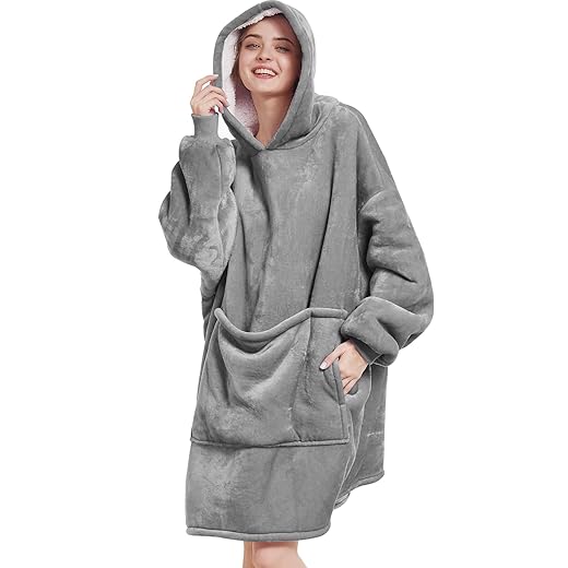 Aemilas Wearable Blanket Hoodie Gifts,Oversized Sherpa Blanket with Hood Pocket and Sleeves,Cozy Soft Warm Plush Hooded Blanket for Adult Women Men Teens,One Size Fits All(Light Grey)