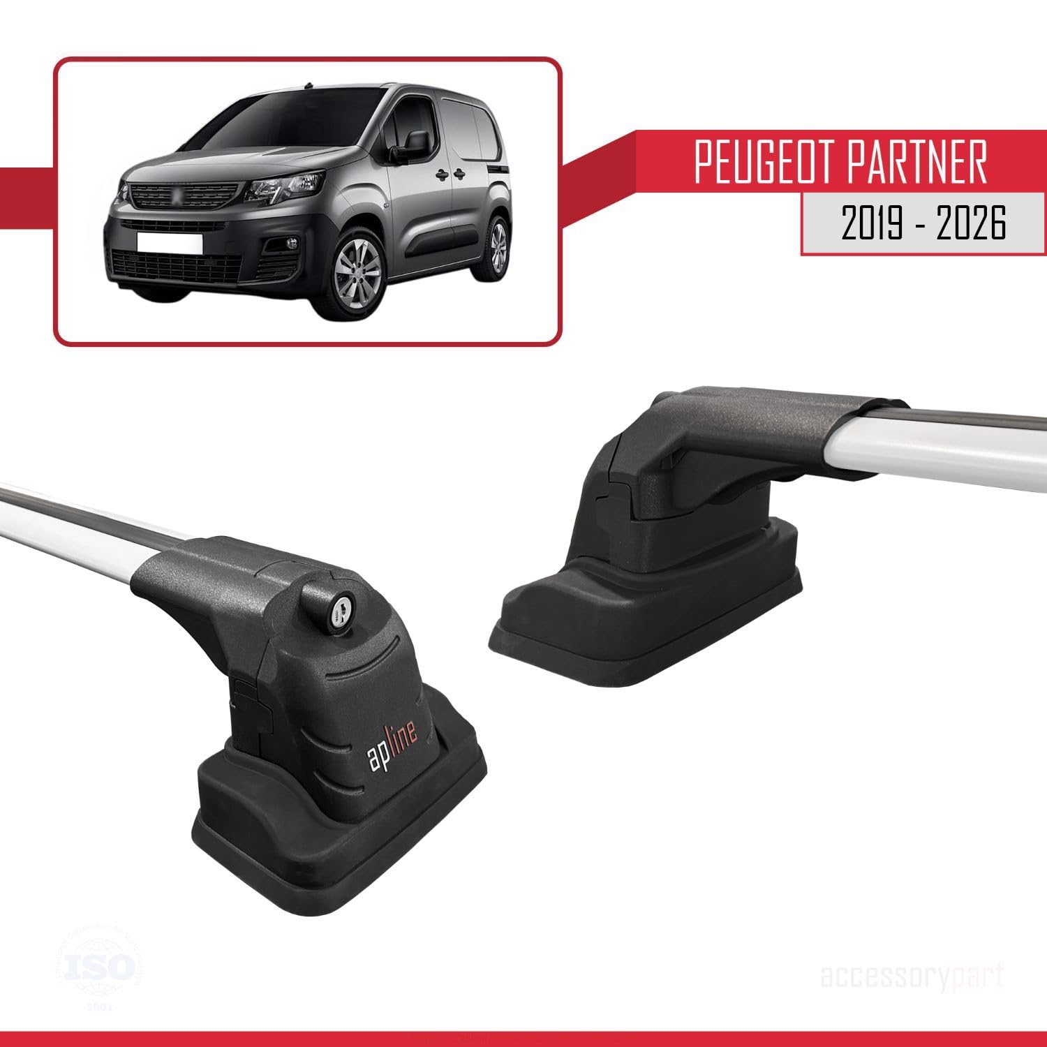 Compatible con Peugeot Partner (K9) 2019-2026 Modelo Ace-3 Barra de Techo Auto Portaequipajes Barras Transversales Gris Aluminio 2 Barras