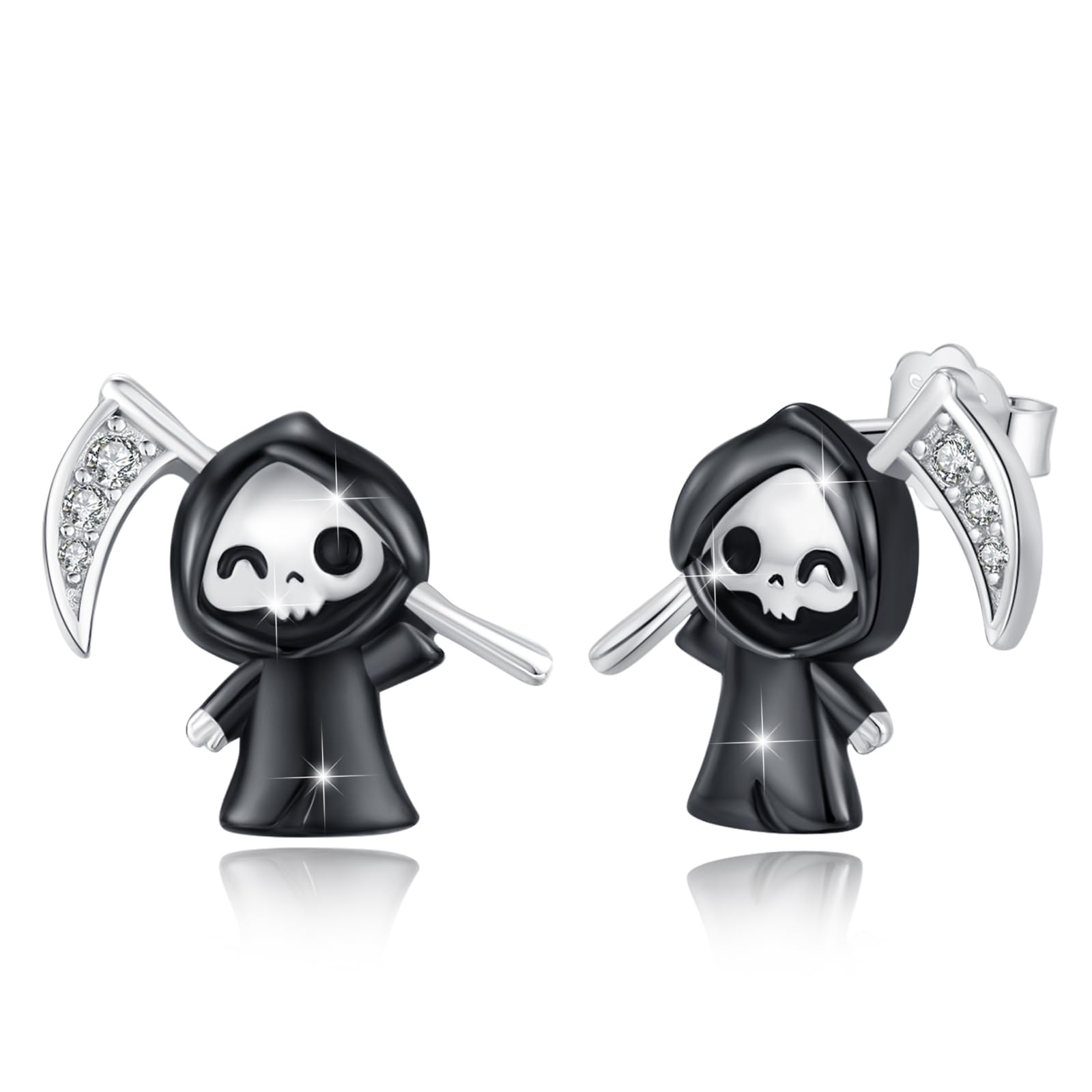 Grim Reaper Earrings 925 Sterling Silver Skull Stud Earrings Death Skeleton Jewelry Gifts for Women Halloween