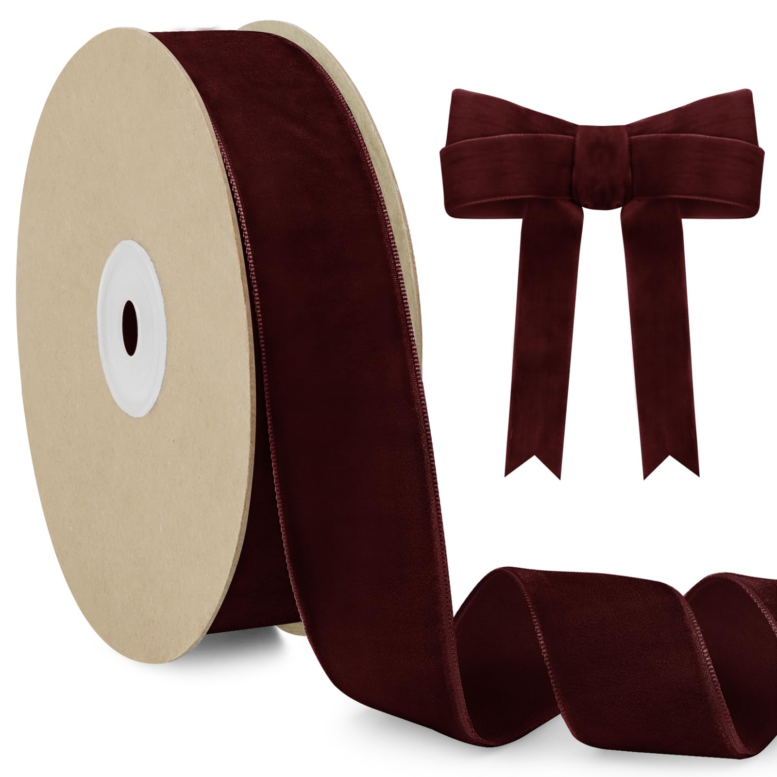 LEREATI Wine Red Velvet Ribbon 25mm x 10m, Vintage Thick Single-Sided Gift Wrapping Ribbon for Wedding Flower Bouquet, Wreath, Bow Making, DIY Crafts, Home Decor