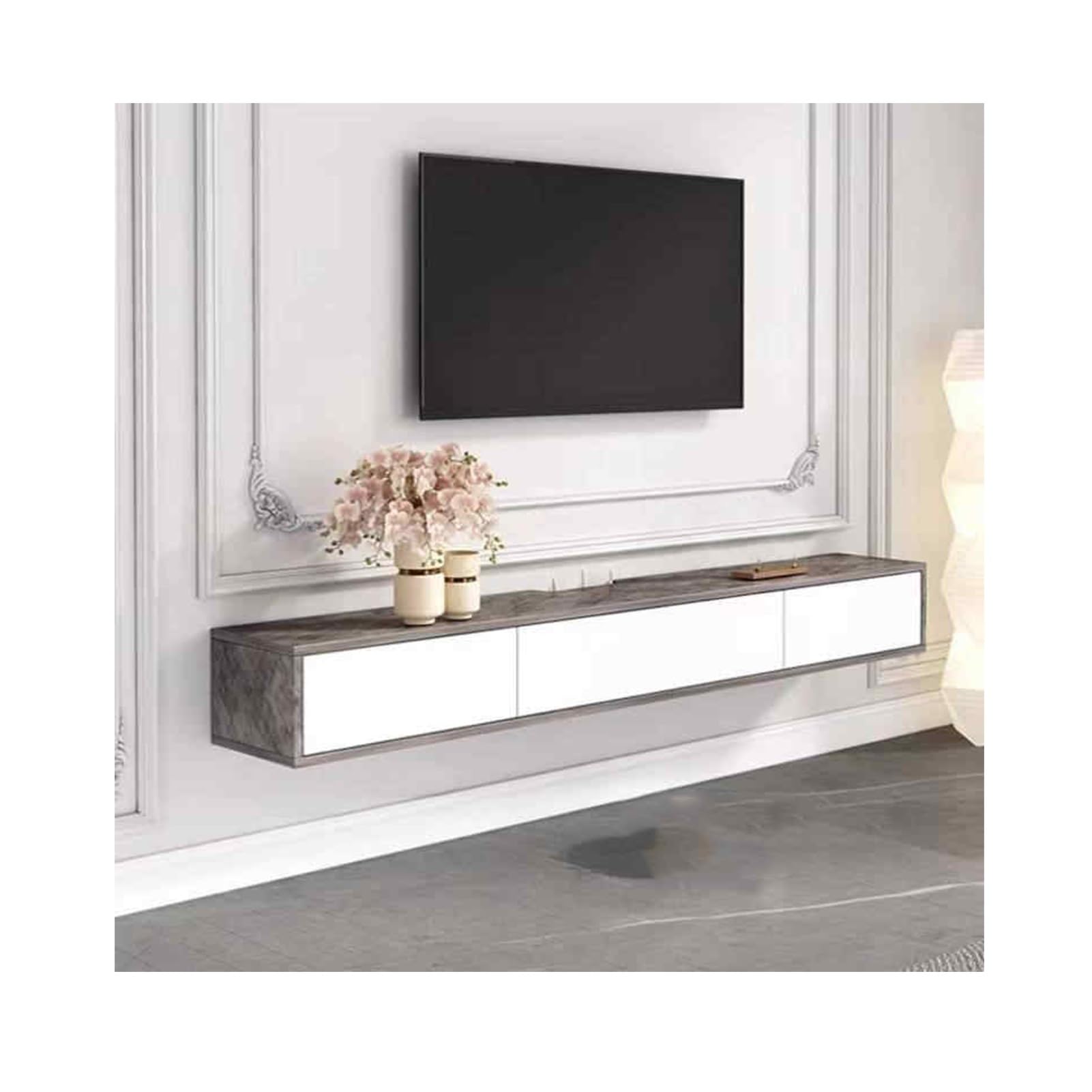 Versátil soporte de pared gris para TV, estante flotante con amplio almacenamiento, alta capacidad de carga, se adapta a la mayoría de televisores (100 x 22 x 21 cm), ideal para decoración de sala de