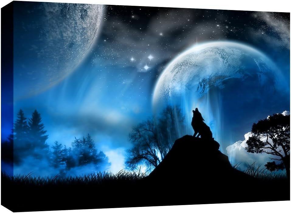 LARGE WOLF IN THE MOONLIGHT MODERN CANVAS PICTURE mounted and ready to hang 30 x 20 inches by Canvas Interiors