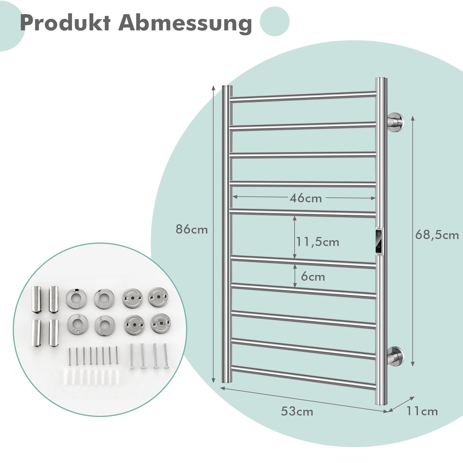 GOPLUS Handtuchheizkörper, elektrischer Handtuchwärmer aus Edelstahl, Handtuchtrockner mit LED-Touchscreen & Thermostat, für Badezimmer& Spa (53 x 11 x 86 cm, Silber)