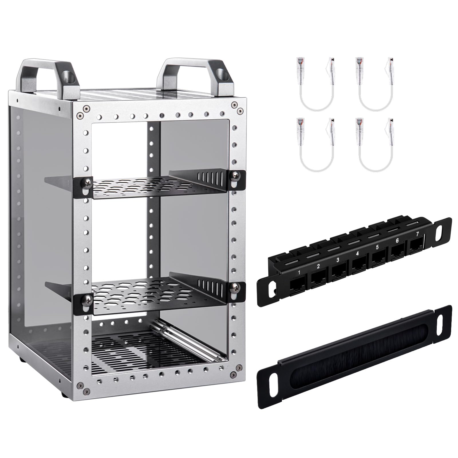 GeeekPi DeskPi RackMate TT Mini Server Cabinet & 0.5U Brush Cable Manager & 0.5U 7-Port Network Patch Panel & 4PCS Cat6A Ethernet Cable (Silver)