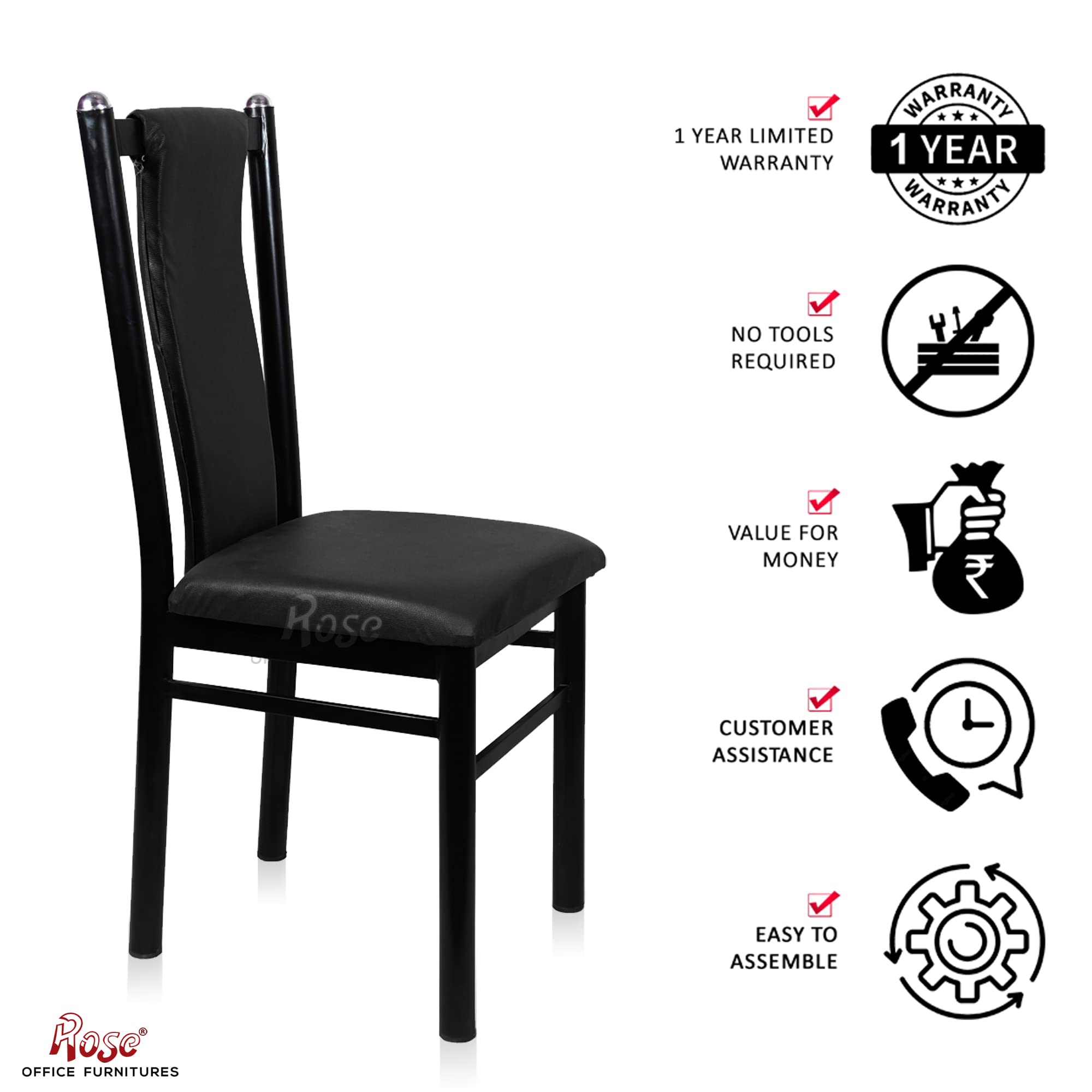 ROSE® Duke | 1-Years Warranty Included | Dining Chair | Cushioned Seating | Home & Kitchen Dining Room Chair (Black, Metal) 2