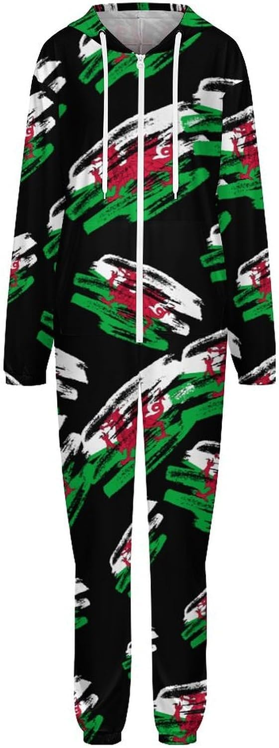 Vintage Welsh Flag Adult Pajamas Onesie with Hood Pocket Jumpsuits One Piece Sleepwear