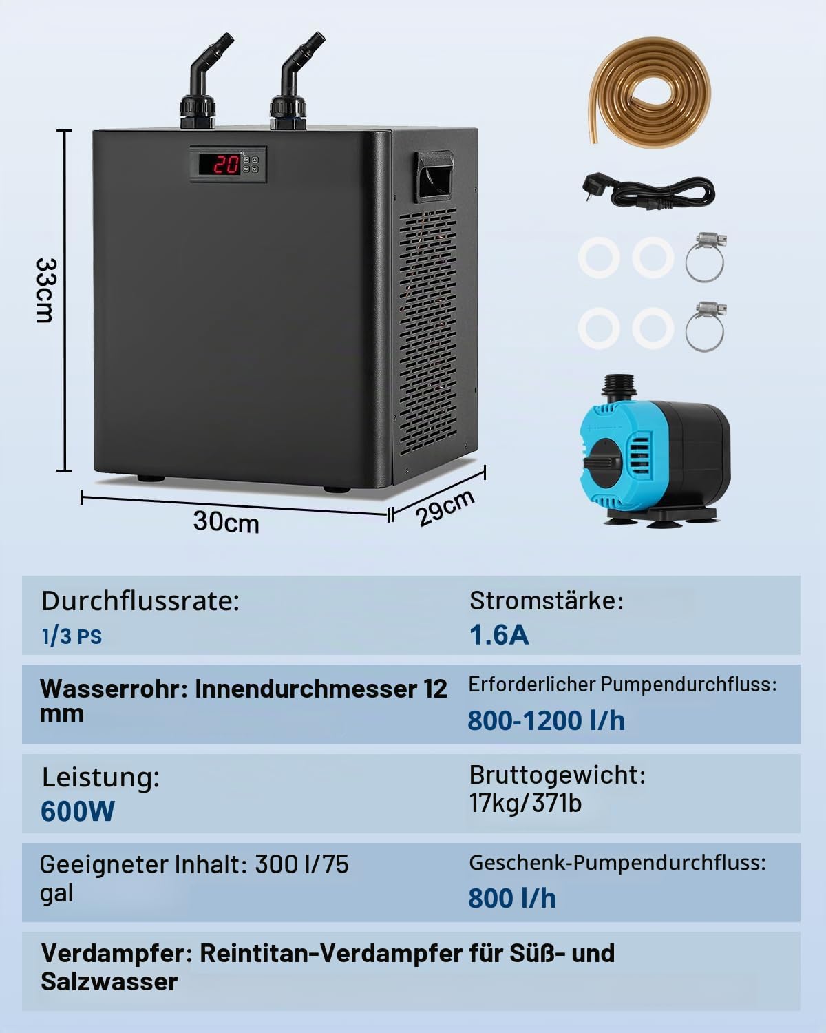 BAOSHISHAN Aquarium Wasserkühler, 300 Liter, Wasserkühler für Süß-/Salzwasser-Aquarien