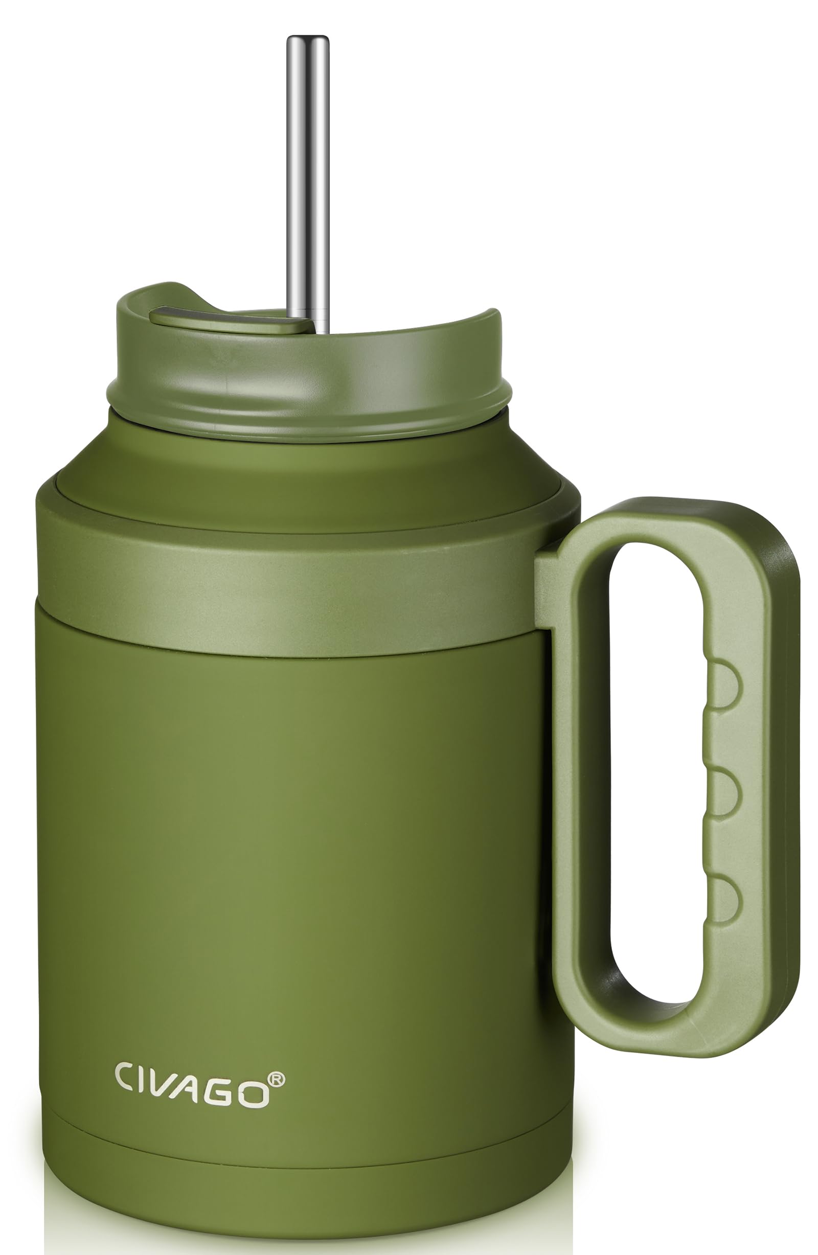 CIVAGO Isolierte Edelstahl-Wasserflasche 1,2l – Mit 3 Deckeln (Strohhalm, Ausguss, Griff), Armeegrün