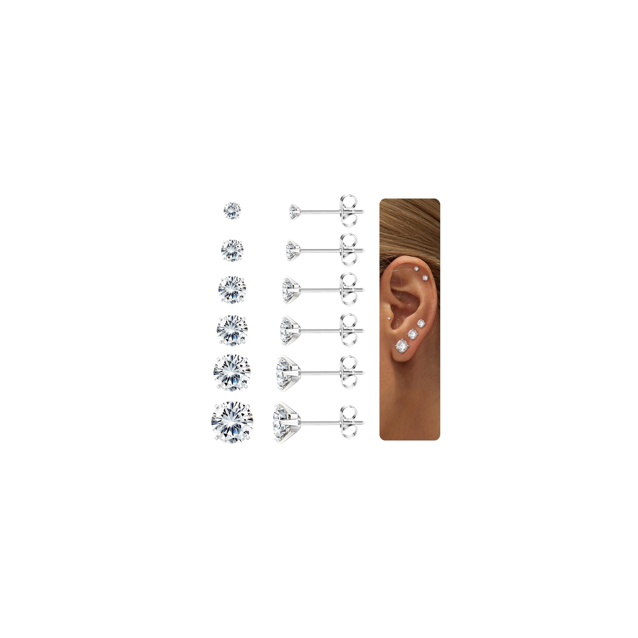 Diamday 6 Paia Orecchini per Donna Uomo Acciaio Chirurgico Piercing Orecchio Orecchini Anallergici Donna 5A Zircone Cubico Orecchini Argento Oro Helix Trago Cartilagine Orecchini Set Uomo