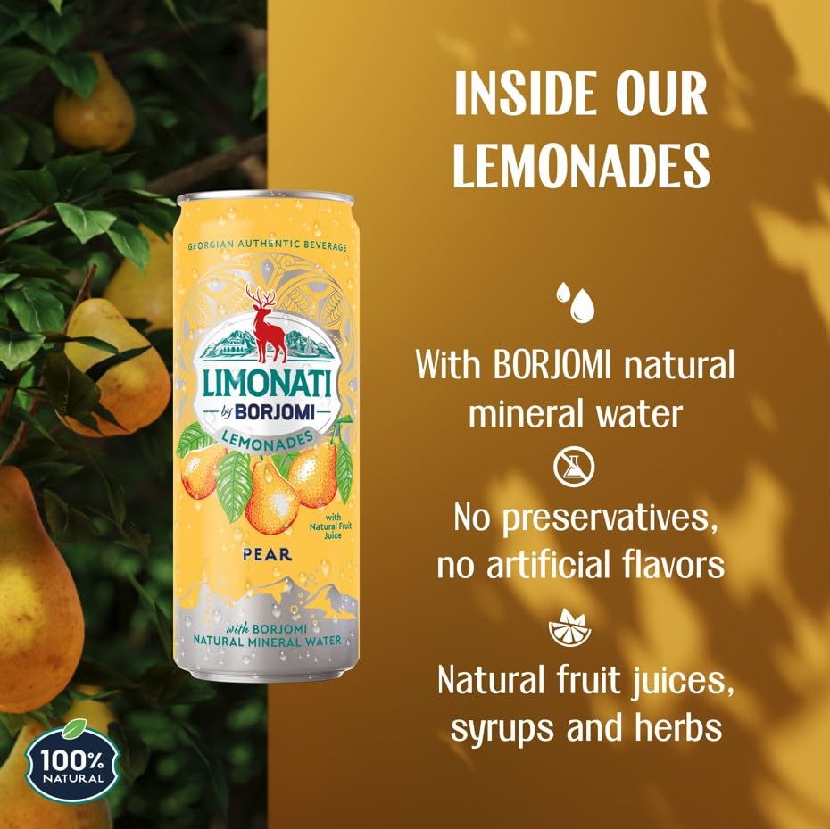 Limonati by Borjomi, Pear Lemonade with Natural Fruit Juice and Borjomi Natural Mineral Water, 11.15 fl oz (12 Cans) - Image 3